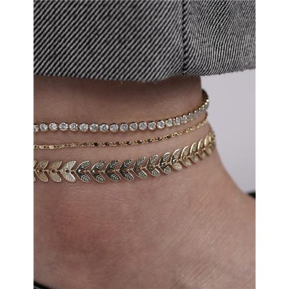 Dainty Gold Anklets Set, Cross Bead, Herringbone & Cubic Zirconia Chains - Picture 2 of 5